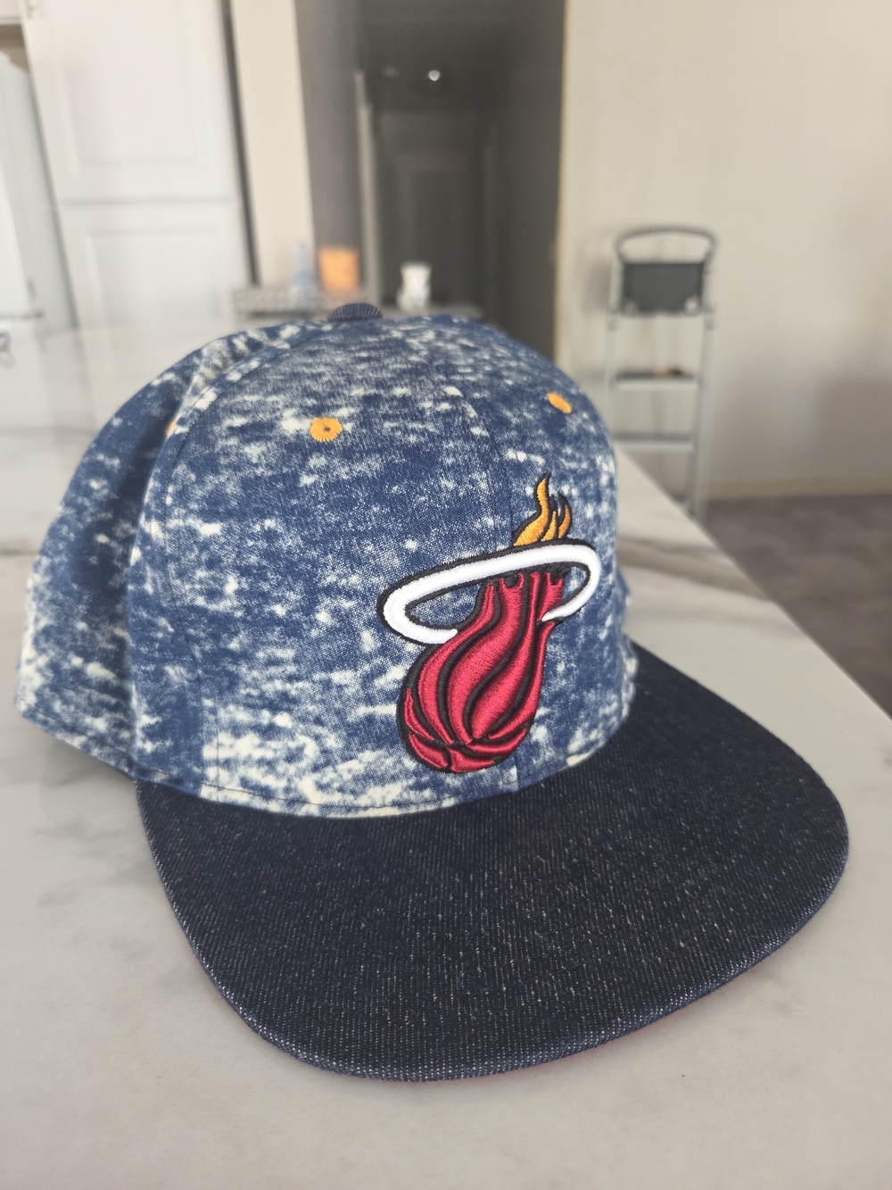 Mitchell & Ness Kids Acid-Wash Blue Snapback with Red Flame Patch